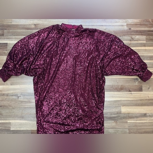 Trina Turk Mock Neck Open Back Dolman Sleeve Sequin Cocktail Party Red Dress Med - Picture 2 of 13